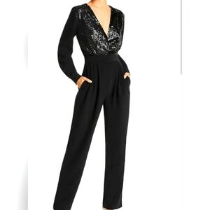 Lini Women Black Sequin Embellished Long-Sleeve V-Neck Crop Jumpsuit
